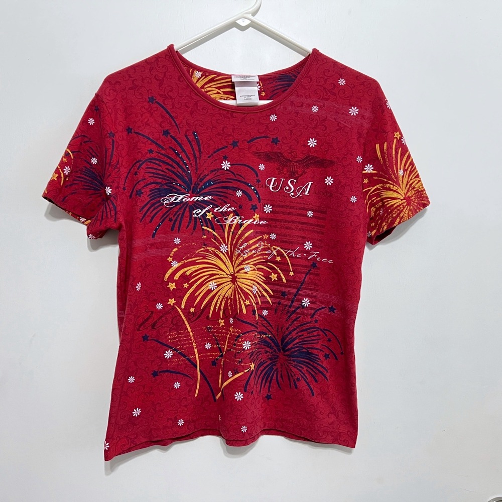 Vintage Studio Collection USA Fireworks Top Womens L Red Patriotic Graphic Tee